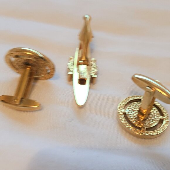 Foster Gold Tone Mother Pearl White Tie Tack Clasp Cufflinks Men Accessories Set - Picture 7 of 9